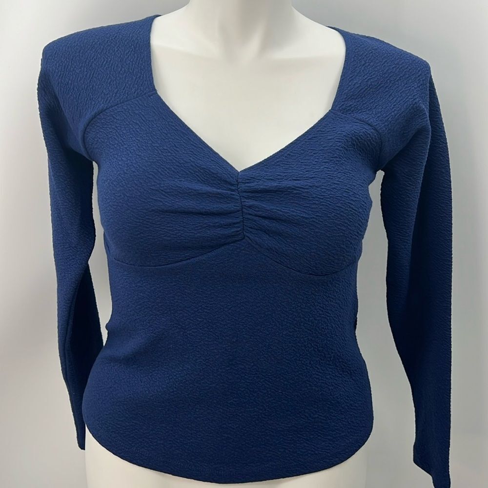 Maeve Navy Blue Long Sleeve V-Neck Ruched Front Top